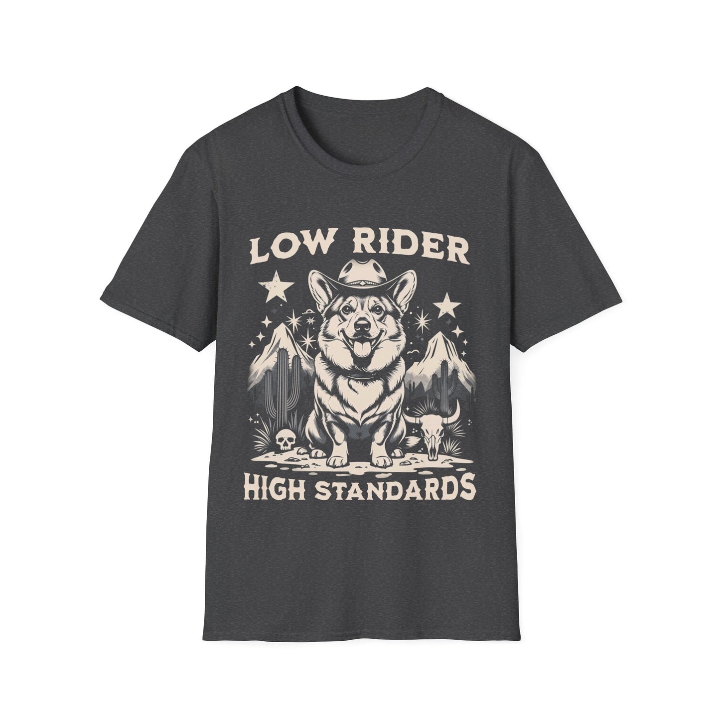 Funny Western Corgi T-Shirt – Low Rider High Standards Cowboy Funny Dog T-Shirt