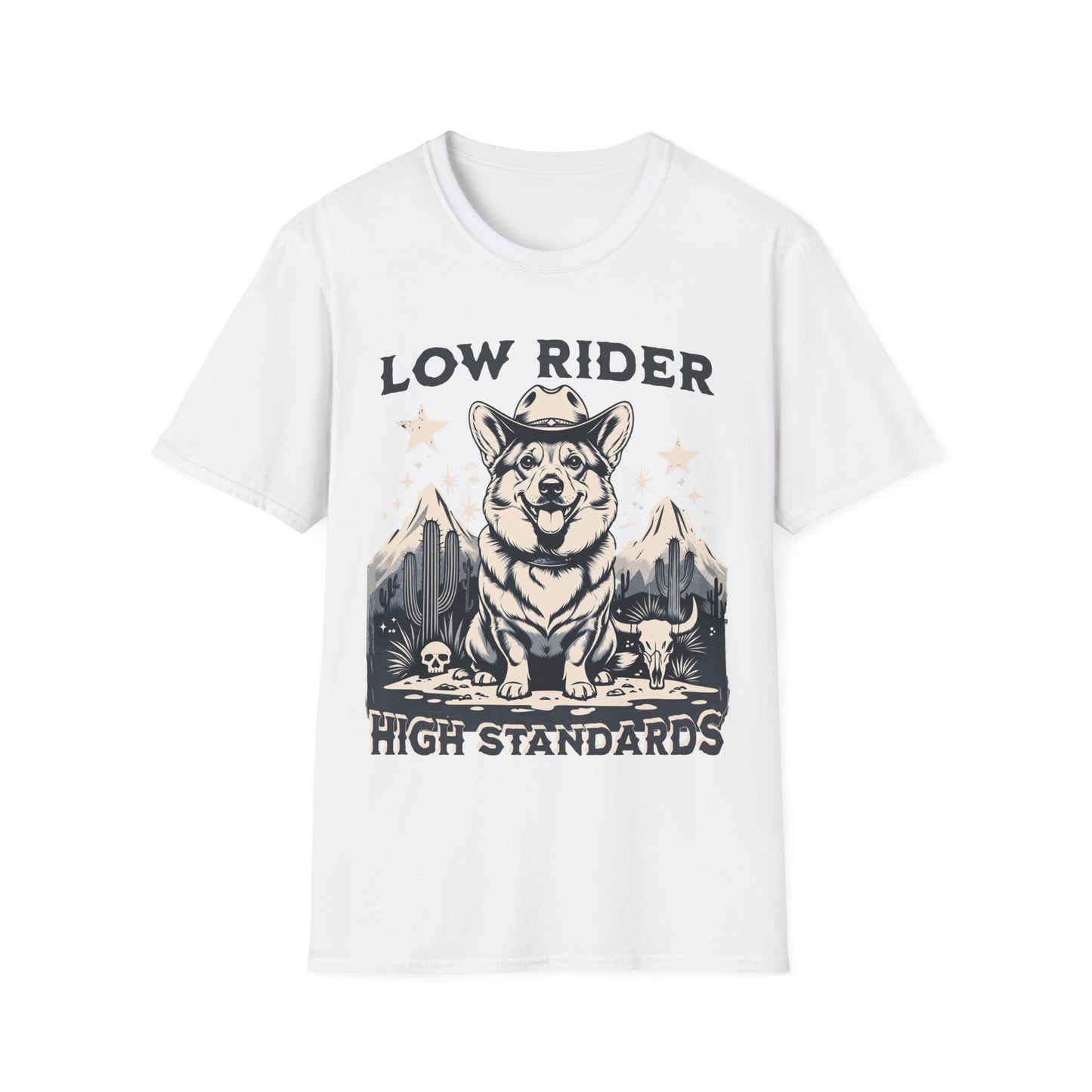 Funny Western Corgi T-Shirt – Low Rider High Standards Cowboy Funny Dog T-Shirt