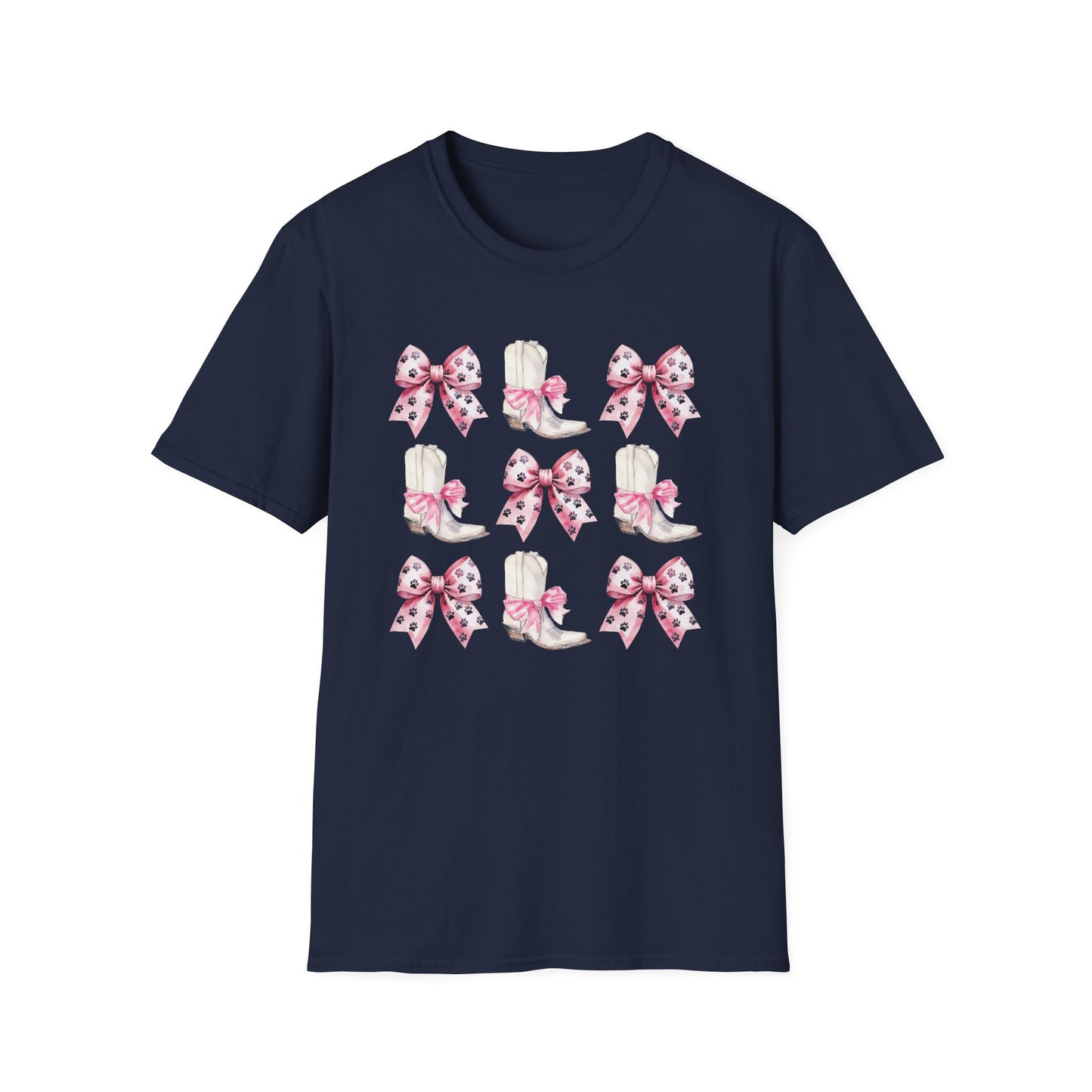Cowgirl Boots and Paw Print Bow T-Shirt – Western Dog Mom Graphic Tee for Pet Lovers and Country Girls