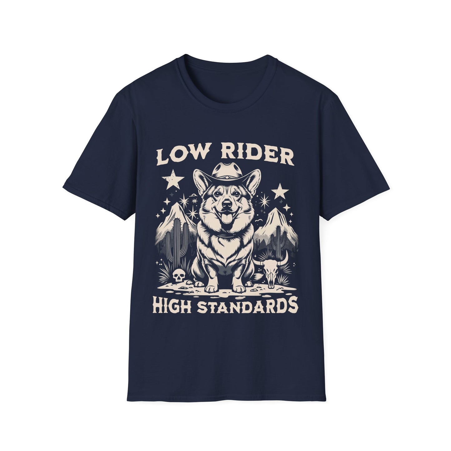 Funny Western Corgi T-Shirt – Low Rider High Standards Cowboy Funny Dog T-Shirt