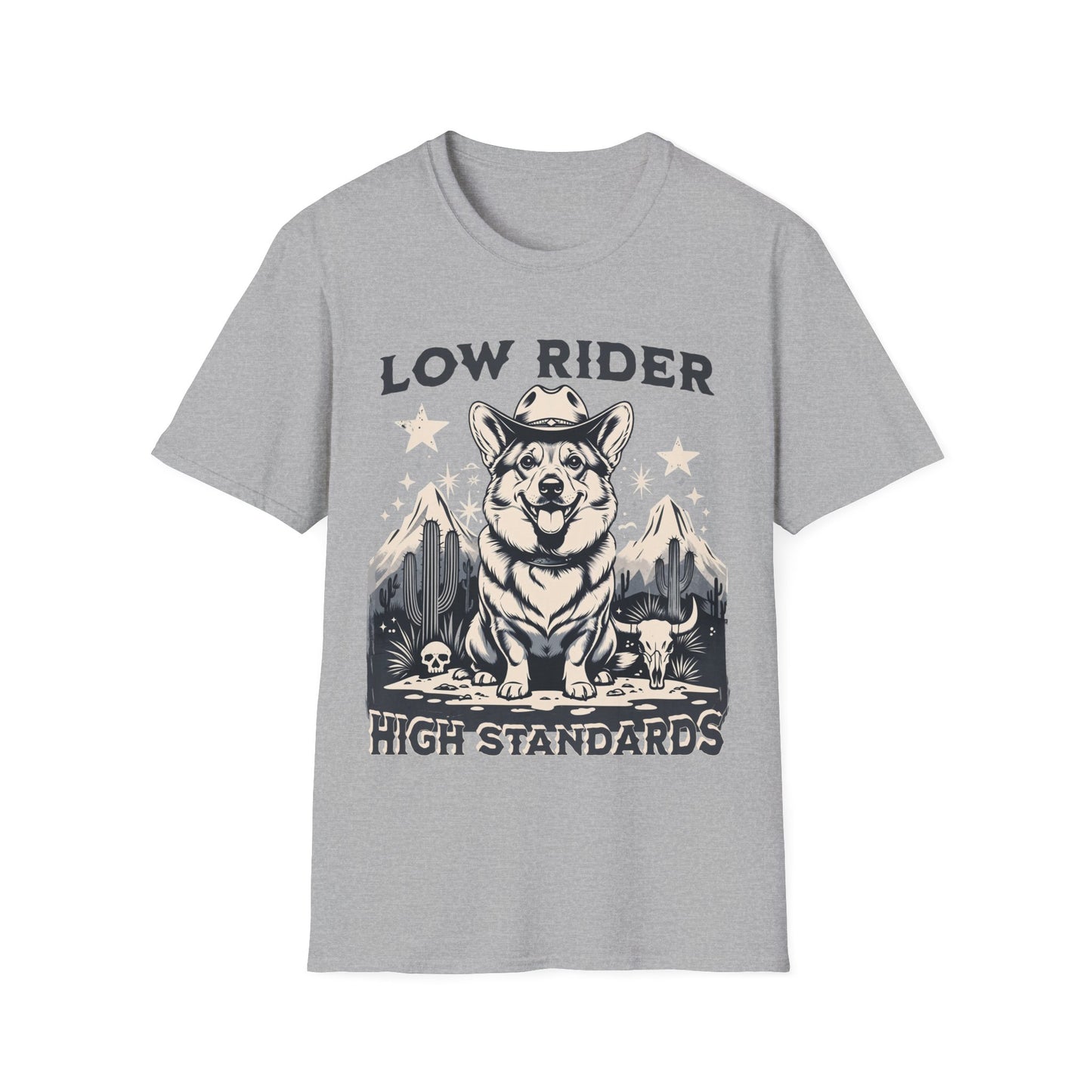 Funny Western Corgi T-Shirt – Low Rider High Standards Cowboy Funny Dog T-Shirt