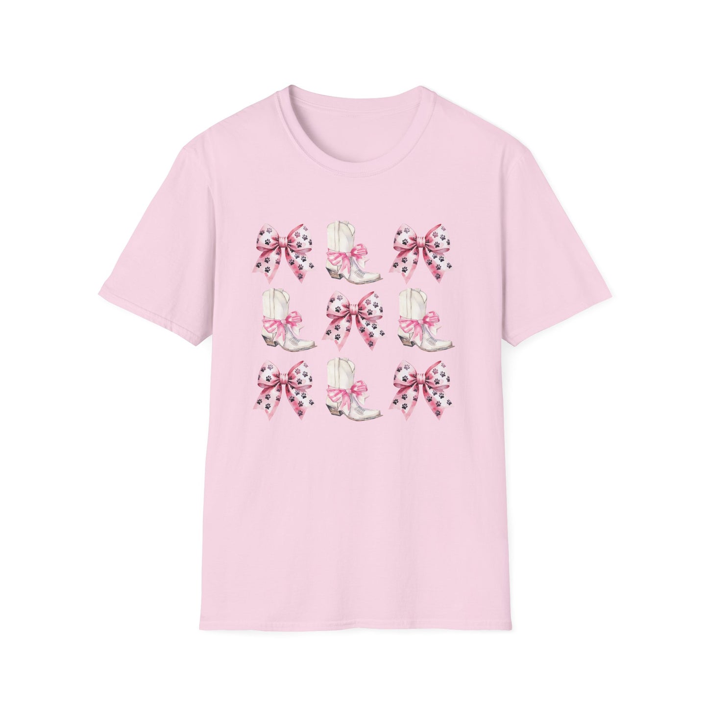 Cowgirl Boots and Paw Print Bow T-Shirt – Western Dog Mom Graphic Tee for Pet Lovers and Country Girls