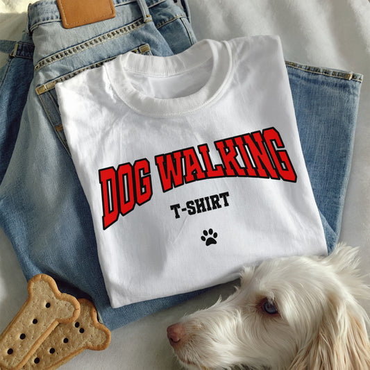 Dog Walking T-Shirt – Varsity Style Graphic Tee with Paw Print for Dog Dog Moms & Dads