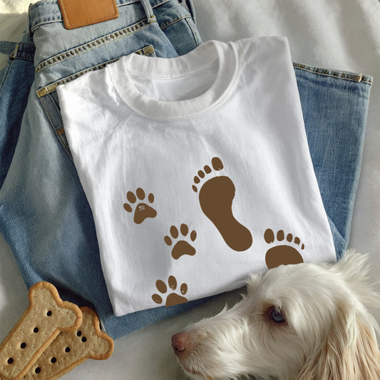 Paw Print and Footprint T-Shirt – Cute Minimalist Dog Lover Tee for Pet Parents, Gift for Dog Moms, Dog Dads, and Pet Owners