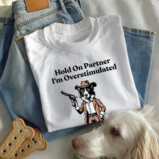 Border Collie Overstimulated Western T-Shirt - Funny Dog Tshirt, Border Collie Mom Shirt, Unhinged Gen Z Shirt