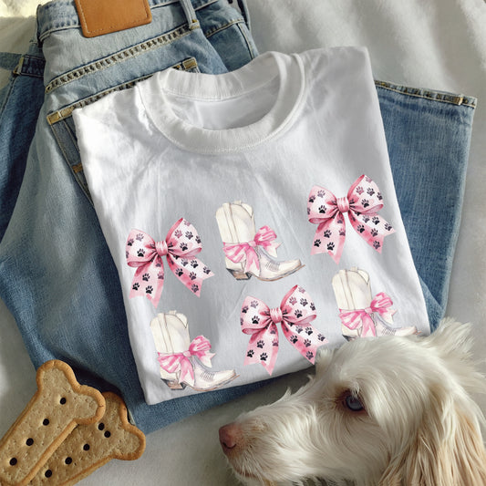 Cowgirl Boots and Paw Print Bow T-Shirt – Western Dog Mom Graphic Tee for Pet Lovers and Country Girls