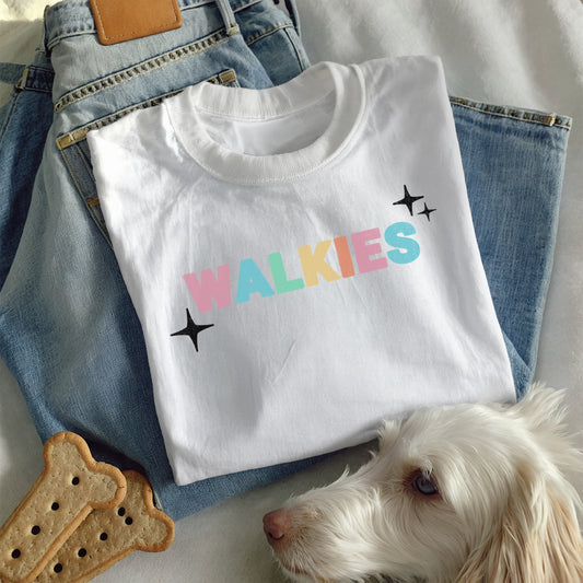 WALKIES Dog Mom Shirt – Cute Pastel Rainbow Pet Lover Tee, Oversized Dog Walking Shirt for Dog Parents