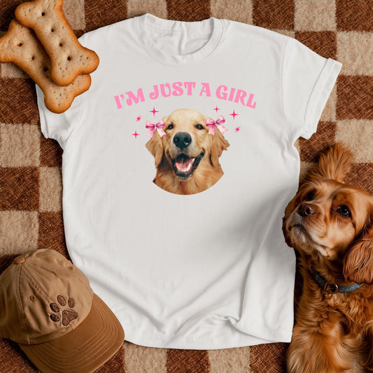 I’m Just a Girl Dog T-Shirt – Golden Retriever With Bows Meme Tee for Delulu Dog Moms and Silly Pet Lovers