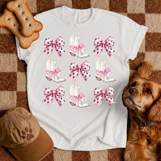 Cowgirl Boots and Paw Print Bow T-Shirt – Western Dog Mom Graphic Tee for Pet Lovers and Country Girls