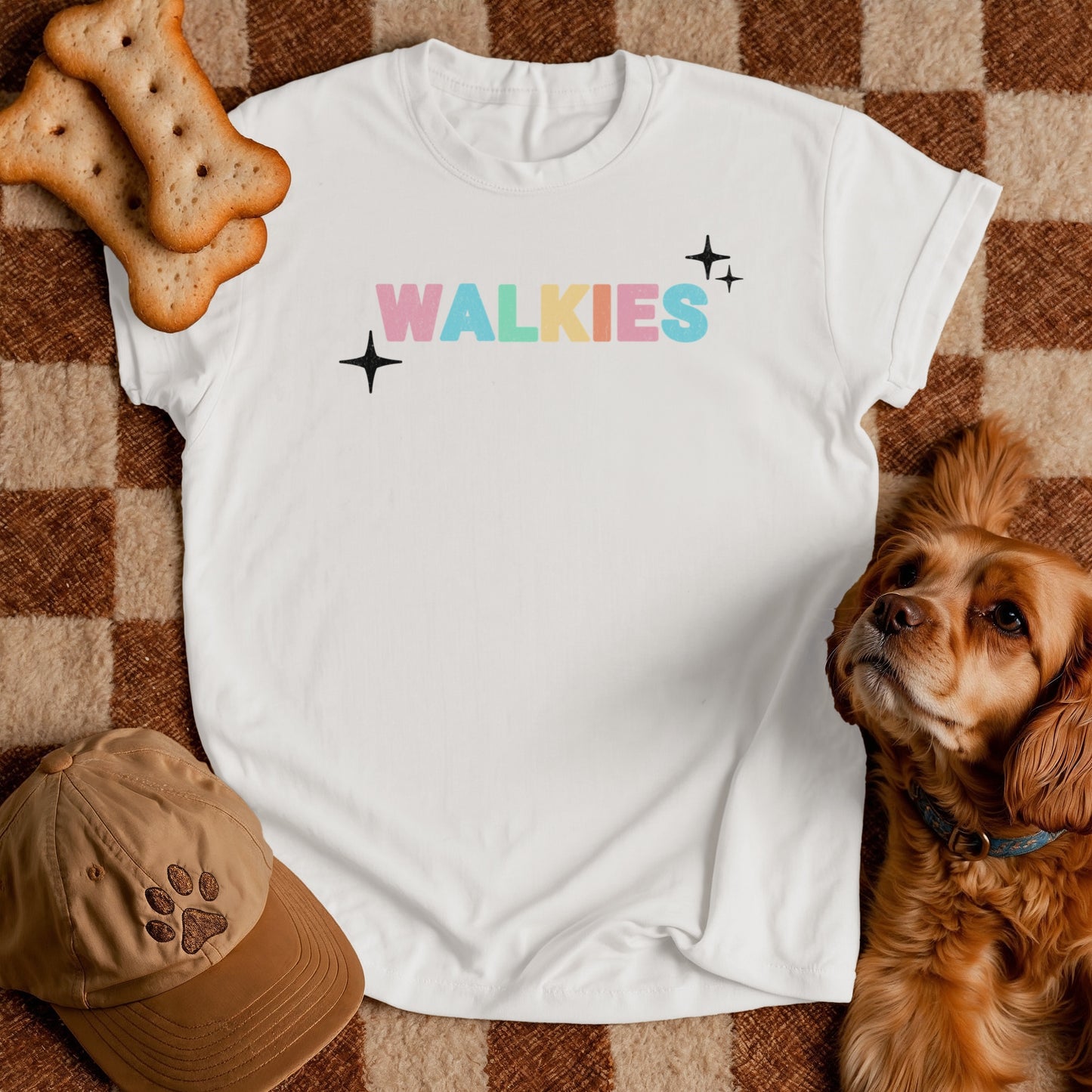 WALKIES Dog Mom Shirt – Cute Pastel Rainbow Pet Lover Tee, Oversized Dog Walking Shirt for Dog Parents