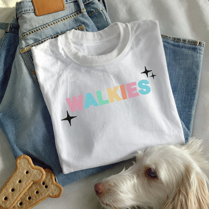 WALKIES Dog Mom Shirt – Cute Pastel Rainbow Pet Lover Tee, Oversized Dog Walking Shirt for Dog Parents