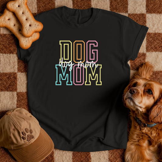 Pastel Varsity Dog Mom T-Shirt - Cute Dog Parent Shirt, Vintage-Inspired Tee, Soft Girl Aesthetic Varsity Shirt, Graphic Tee for Dog Walkers